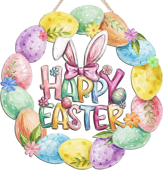 Easter Decoration Wooden Door Wreath for Front Door Sign Cute Bunny Flower Eggs Wooden Door Hanger Rabbit Spring Decoration Happy Easter Welcome Hanging Sign for Outdoor Indoor Wall Home Decor