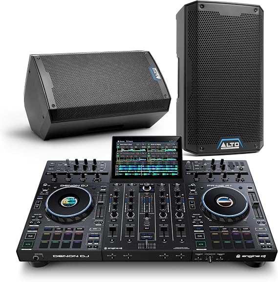 Denon DJ PRIME 4+ DJ Controller and ALTO TS408 Powered PA Speakers Pair for Live Music, DJ sets, Events, Music production