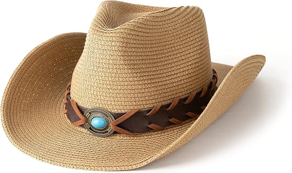 Women's Woven Straw Cowboy Hat w/Beaded Trim Band Hat Beach Holiday Sun Hats