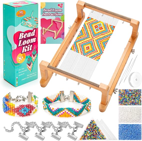 PP OPOUNT Adjustable Bead Loom Kit, Wood Loom Beading Supplies with Detailed Instructions, Practical Jewelry Making Accessories, Beading Loom Kits for Adults Jewelry Making Bracelets Belts