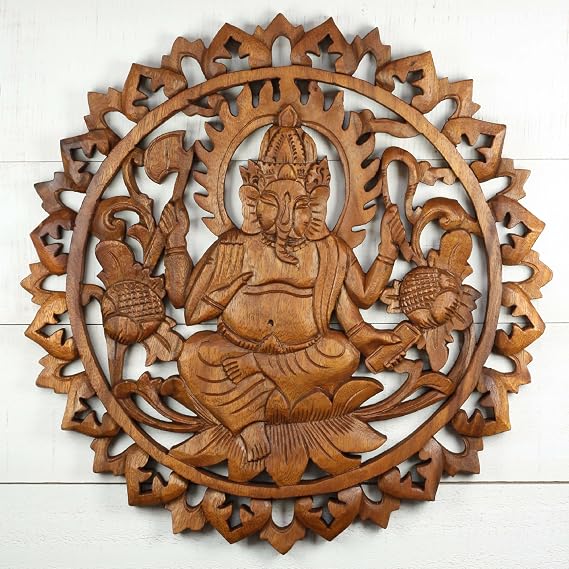 G6 Collection 16" Large Hand Carved Wooden Ganesha Wall Panel – Hindu Elephant God Art, Lotus Floral Mandala