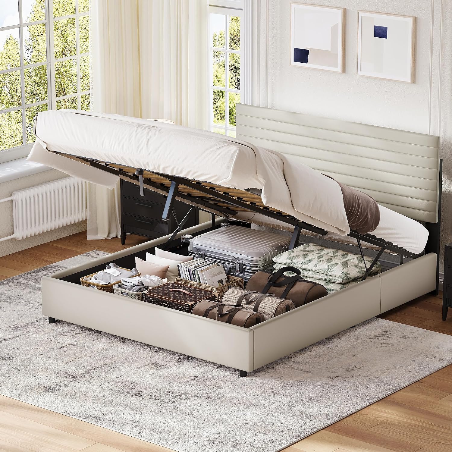 Upholstered Double Bed Frame with Storage, Ottoman Bed with Hydraulic, 4FT6 PU, Double Bed Frame for Adults and Teenagers, 135x190cm,(No Mattress)