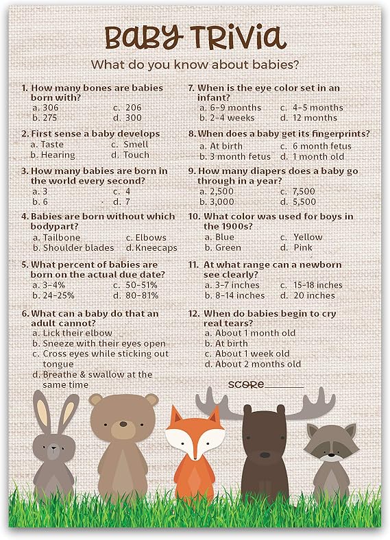 Woodland Animals Baby Shower Games Baby Trivia Game Pack of 25 Country Rustic Jungle Safari Gender Neutral Activity, Fall Outdoors Couples Shower, Fun Facts G601-TRV