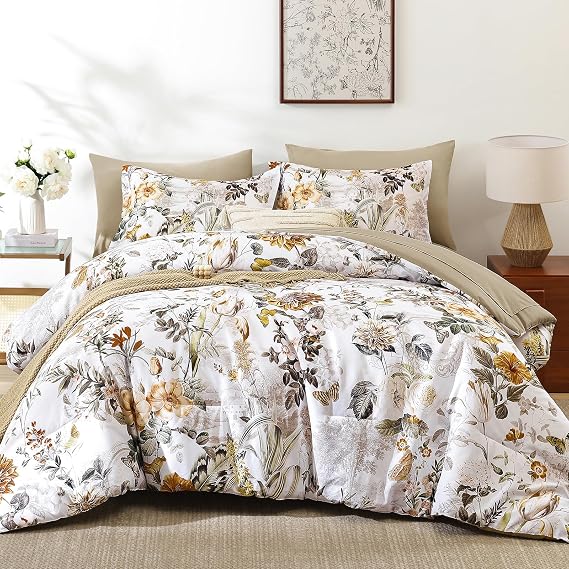 WONGS BEDDING 7 Pieces Bed in a Bag, Brown Comforter Set Queen Size, Colorful Botanical Flowers Leaves Pattern Bedding Set with Comforter, Sheets, Pillowcases & Shams