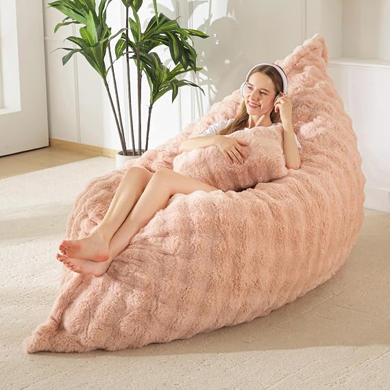 MAXYOYO Giant Bean Bag Chair with Pillow, 3 in 1 Convertible Bean Bag Chair | Removable Floor Cushion Stuffed Floor Lounger for Adults with Washable Cover, Lazy Chair for Living Room, Bubble Pink, Full