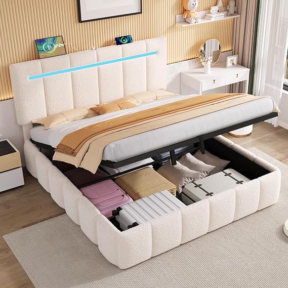 4ft6 Double Upholstered Bed Frame with Hydraulic Storage, LED Channel Tufted Adjustable Headboard with Charging Station, USB and Type - C Ports, Boucle Fabric, Beige, 135x190 cm (No Mattress)