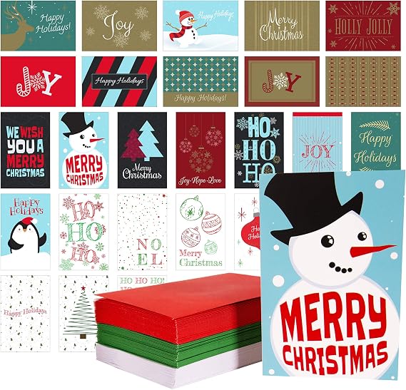 Kangaroo 108 Pack of Merry Christmas Cards with Red, Green, White Envelopes | Bulk Christmas Cards - Holiday Greeting Card Set Variety Pack with Box for Xmas