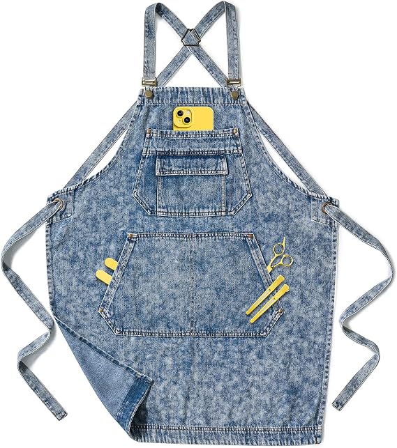 Denim Apron with Pockets for Hair Stylist Gardening Craftsmen Barista Women Hairdresser Jean Work Apron Cross Straps
