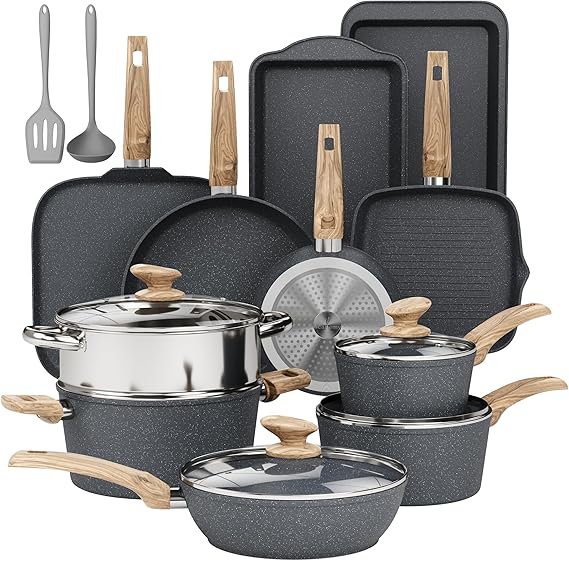 DishDelight Pots and Pans Set, Nonstick Kitchen Cookware Set, Grey