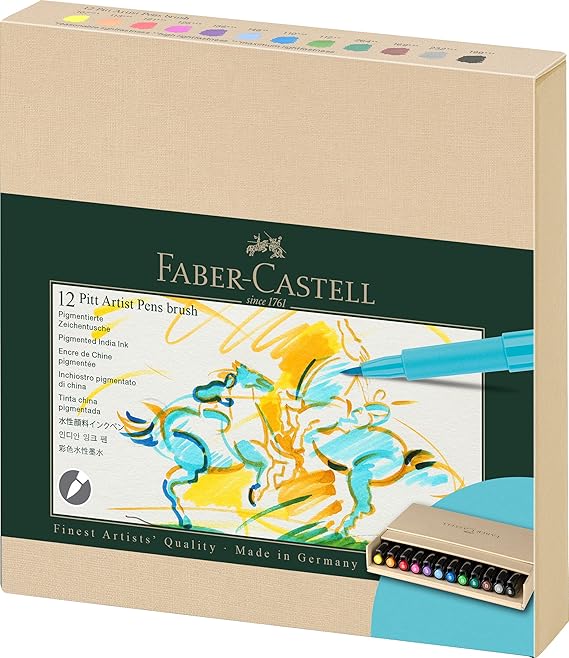 FABER-CASTELL - Tuschestifte Pitt Artist Pen Brush 12er Atelierbox Wasserfeste und lichtbeständige Zeichentusche Pinselstifte für Illustrationen und Kreativprojekte