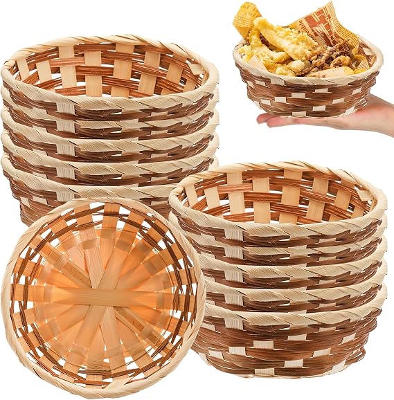 Bamboo Bread Basket - 10 Pcs Round Woven Food Serving Baskets, 17cm