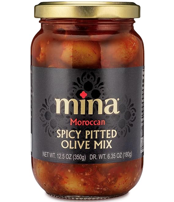 Mina Spicy Pitted Olive Mix, 12.5 oz Premium Handpicked Moroccan Olives with Red Chili Pepper Harissa, Keto Friendly Spicy Olives, Low Carb, Vegan, Gluten Free Healthy Snacks