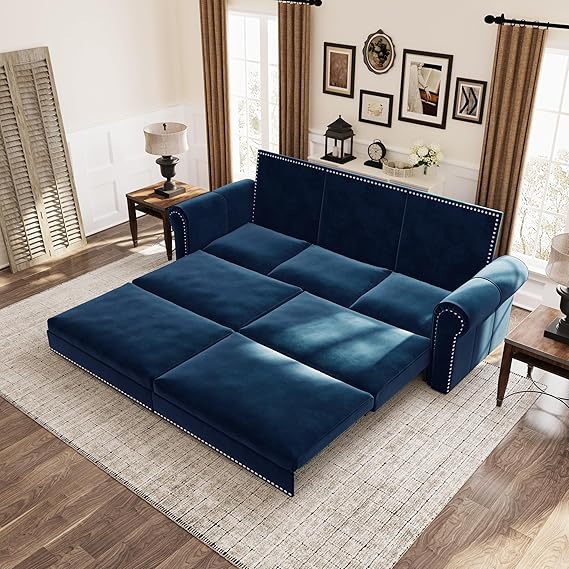 KEIKI 93.7" King Pull-Out Chesterfield Sofa Bed, 3-in-1 Velvet Convertible Sleeper Sofa with Nailhead Trim & Rolled Arms, Multi-Functional Sofa for Living Room, Bedroom, Apartment, Office - Blue