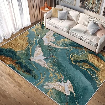 Oriental Rug 3x4 Chinese Crane Asian Pattern, Washable Living Room Bedroom Area Rugs, Oriental Decor for Home, Soft Non Slip Indoor Carpet, Low Pile Design & E532