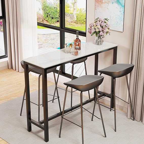 Wisfor Sintered Stone Bar Table: White Rectangle Counter Height Dining Table with Black Metal Frame - High Top Pub Tables for Narrow Spaces, 47.2x15.75x41.4 inch