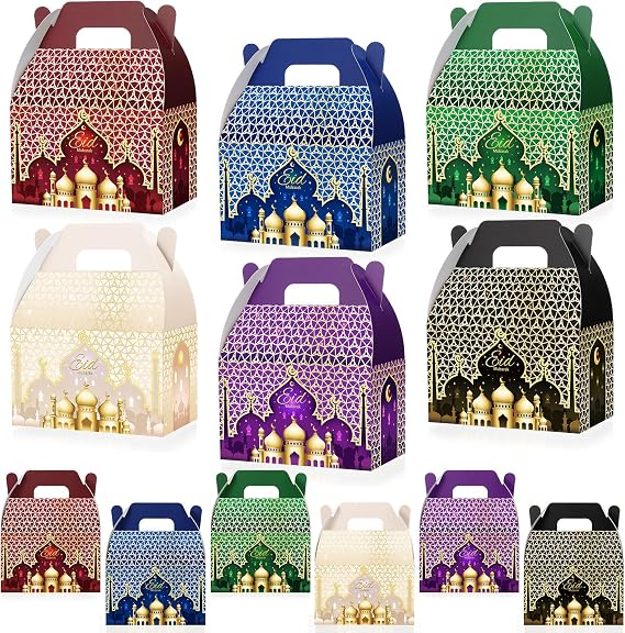 FunooFuno 12 Pcs Ramadan Eid Treat Box Mubarak Gift Box Castle Star Moon Lantern Ramadan Mubarak Goodie Candy Paper Bag for Muslim Eid Al Fitr Party Supplies
