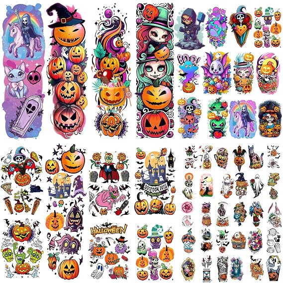 Kids Full Arm Temporary Tattoo, 52 Sheets Halloween Fake Tattoos Realistic for Boys Girls Halloween Party Favors, Pumpkin Ghost Reaper Bat Vampire Coffin Witch Rainbow Cat Spaceship Lasting Tattoos