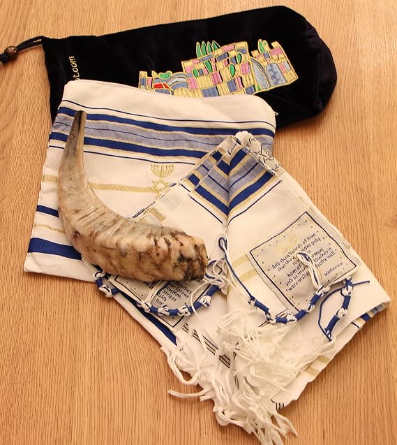 Special Christian pack Shofar + bag and a Blue Tallit + bag from the Holy Land