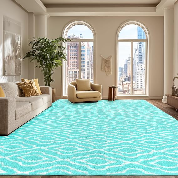 Fluffy Rug for Living Room, Soft Modern 8x10 Green and White Shag Area Rugs