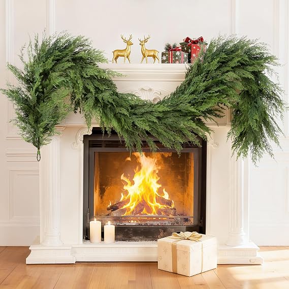 DEPMEM 6Ft Christmas Garland, Realistic Cedar Cypress Norfolk Pine Greenery Garland Faux Christmas Decorations for Mantle, Fireplace, Table, Stairs, Doors, Porch, Indoor Outdoor Christmas Decor