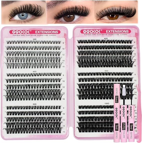 DIY Lash Clusters Kit 30D+40D+50D+60D+80D+100D Fluffy Volume 8-16MM Thick Eyelash Extension Kit Individual Lash Bond and Seal Lash Tweezers(30D-100D,Kit)
