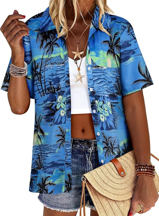 ZXZY Women Summer Hawaii Shirts Soft Cool Floral Tropic Print Short Sleeve Button Up Tops T-Shirt
