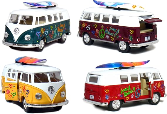 KiNSMART 1962 Volkswagen Classic Bus 1:32 Scale 5" Die Cast Metal Model Toy Van Pullback Acation (4 Set Surfboard Flower Power)