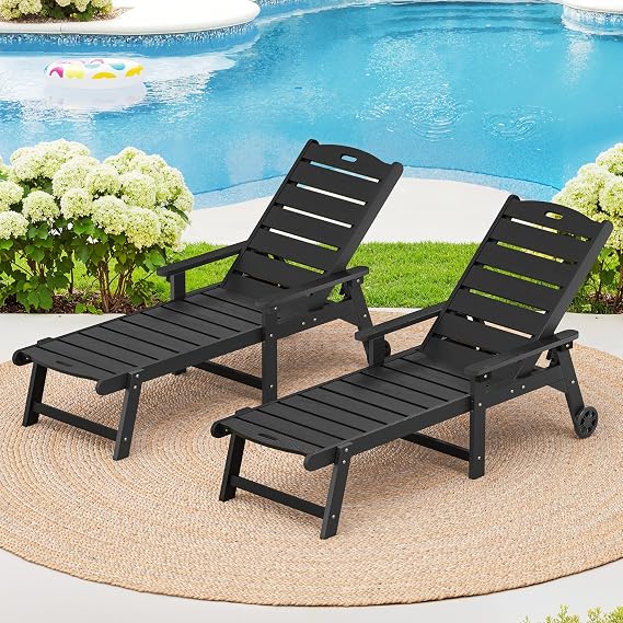 LUE BONA Outdoor Chaise Lounge, 5Position, 2Pack, Black | HDPS Oversized Lounge Chair with Armrest & Wheels, Fade & Crack & Rust Resistant, Wood Texture, for Deck, Patio