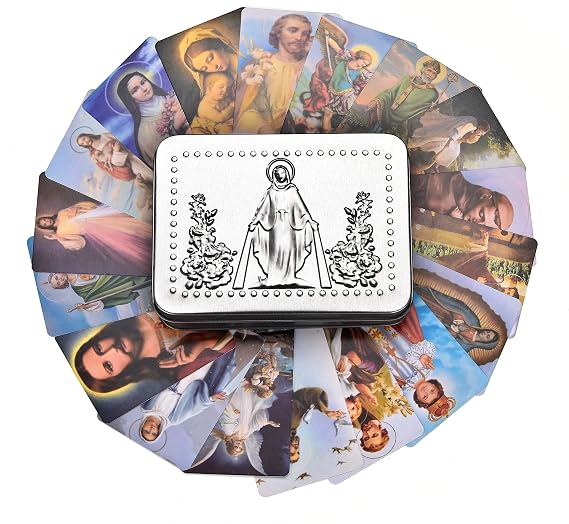 Catholic Holy Card Prayer Cards with Metal Box, Catholic Gifts, Assorted Saints Cards with Catholic Saints and Prayers - Pack of 144