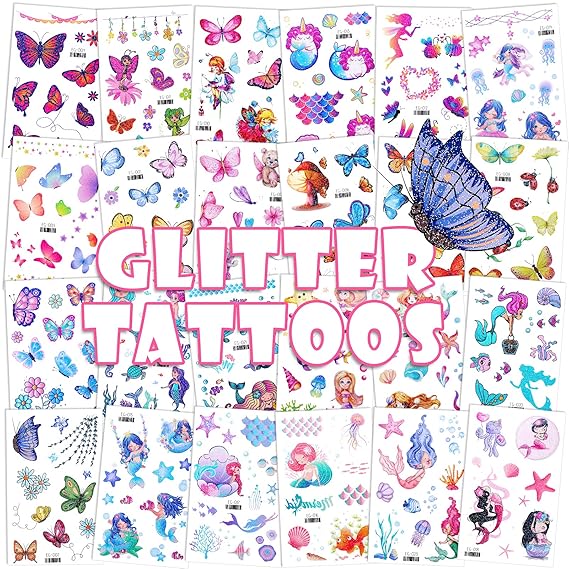 Konsait Glitter Temporary Tattoos for Kids, 24 Sheets Butterfly Mermaid Fairy Flowers Tattoo Stickers, Waterproof Fake Tattoos for Birthday Favors, Goodie Bags Stuffers & Party Accesorries