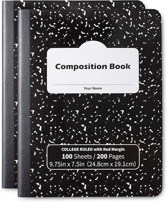 Composition Books, Notebooks, College Ruled Paper, 100 Sheets, Comp Book, 100 Sheets (200 Pages), Black Marble, 2 PACK