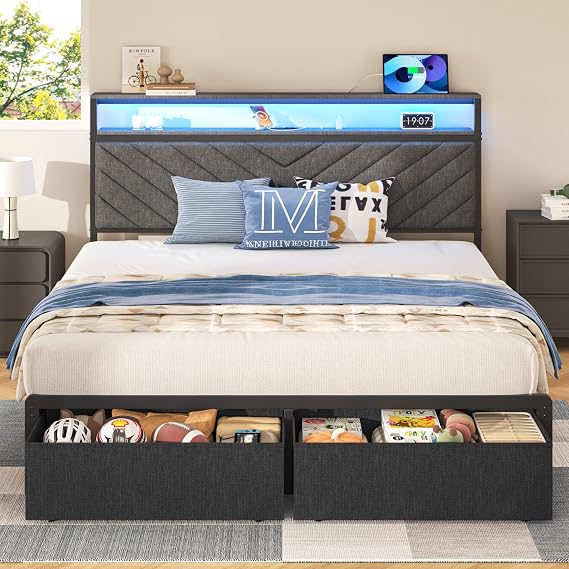 HISOFT Queen Bed Frame with Charging Station, LED Lights & 2 Storage Drawers, Grey Platform Bed with Upholstered Headboard, Under-Bed Storage, No Box Spring Needed, Easy Assembly, Strong Support
