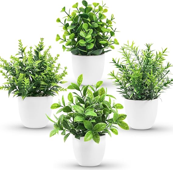 Der Rose 4 Pack Faux Plants Indoor Small Fake Plants for Bathroom Decor | Fluffy Pretty look for shelves desktops windowsills offices decor, fade-resistant and safe for pets (no soil or pollen)