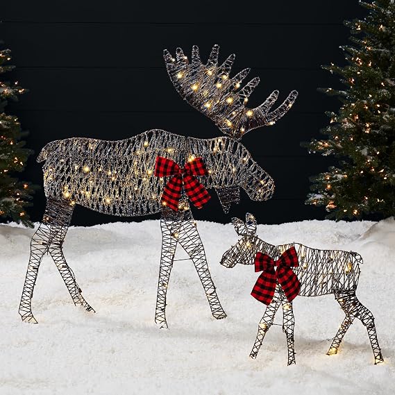 Best Choice Products 2D Moose Family Outdoor 2Pc Christmas Yard Decor, 4ft Lighted Yard Set Prelit All-Weather w/ 125 LEDs, Ground Stakes - Rattan