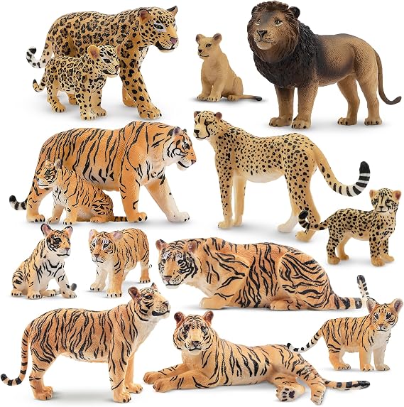 Toymany 14PCS Safari Animals Figurines Includes Lions, Tigers, Leopards Cubs and Tiger Family Set Cake Toppers Christmas Birthday Gift for Kids Toddlers
