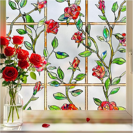 Stained Glass Window Privacy Film, 17.5" x 39.4", Red | 3D Unique Decorative, UV Heat Blocking Static Cling, Non Adhesive Removable Coverings for Home, Door & Bathroom