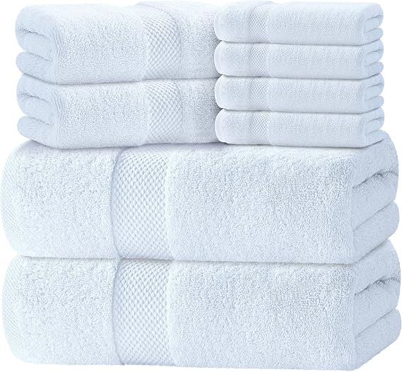 Luxury White Bath Towel Set of 8 Pieces - 100% Turkish Cotton 700 GSM Highly Absorbent Towels for Bathroom, 2 Bath Towels, 2 Hand Towels, 4 Washcloths