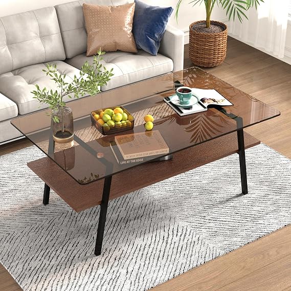 Glass Coffee Table, Mid-Century 2 Tier Rectangle Coffee Tea Table, Brown Tempered Glass Top and Brown MDF Storage Shelf, Black Metal Legs, Modern Center Table for Living Room