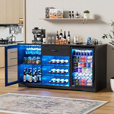 PAKASEPT Large Bar Cabinet with Fridge Space & LED Light & Charging Station, Wood Long Liquor Cabinet with Drawer Storage, Mini Fridge Cabinet, Buffet Sideboard Table Black