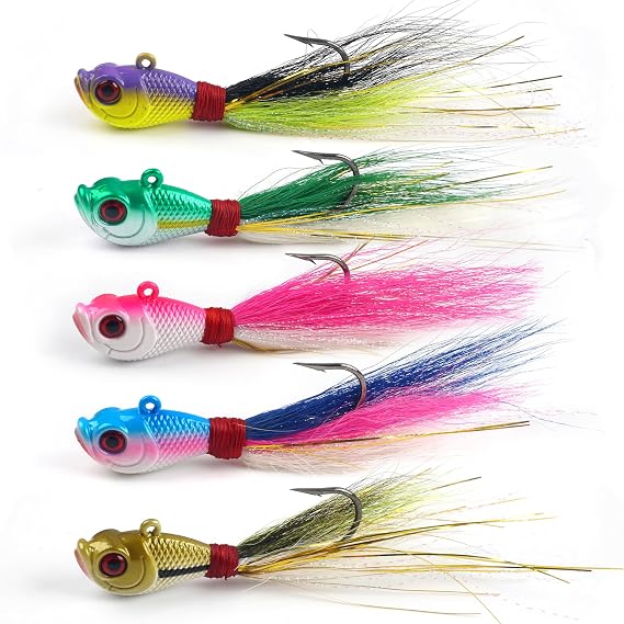 Bucktail Jigs Saltwater Fishing Jigs,5pcs Bucktail Lures Teaser Hooks Surf Fishing Jig Heads for Saltwater Freshwater Bass Flounder Striper Bluefish Halibut Redfish