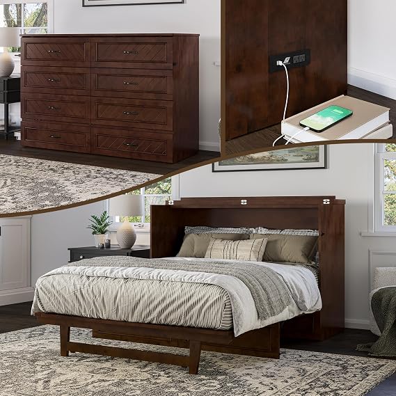 AFI, Alpine Queen Wood Murphy Bed Chest with 6" Mattress, Storage Drawer & Built-in USB Charger, Walnut