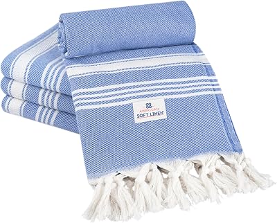 American Soft Linen Turkish Peshtemal Beach Towels, 40 x 70 Size 4 Pack Swim Towels for Beach and Pool Towels, Blue Stripe