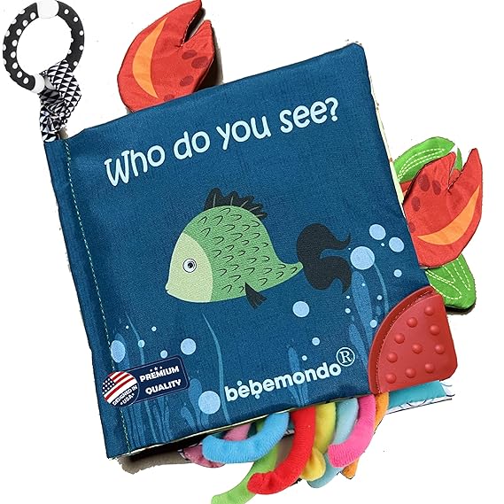 Fish Baby Book, Crinkle Books for Babies, Touch & Feel Soft Books, Infant Baby Toys 0-3 0-6 6-12 Months, Sensory Mirror Toy, Teether Ring, Baby Shower, Baby Basket Stuffers,Gifts for Boys Girls -Blue
