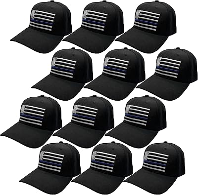Thin Blue Line American Flag Police Baseball Cap, Law Enforcement Support w 3D Embroidery, Black Acrylic, 12 Pack