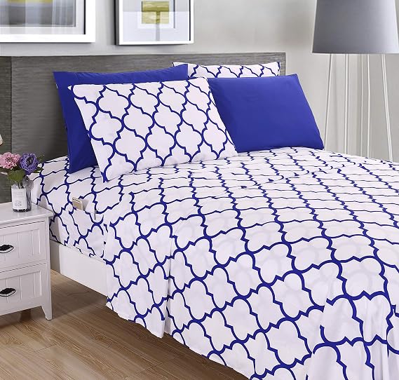 Elegant Comfort 6-Piece Quatrefoil Printed Deep Pocket Bed Sheet Set, Luxurious Silky 1500 Thread Count Bed Sheet Set Ultra Soft Wrinkle Resistant Bedding Set, King, Royal Blue
