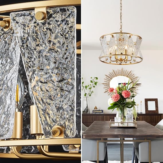 Modern Gold Round Chandelier 6 Light Drum Glass Chandelier Light Fixture18in Hammered Glass Chandelier for Dining Room Kitchen Entryway Bedroom