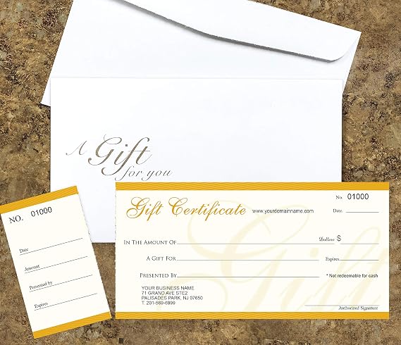 NJ67SB Custom Gift Certificates Cards with Envelopes 100 Set - Gift Certificates for Small Business