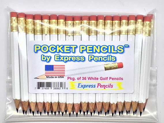 Half Pencils with Eraser - Golf, Pew, Short, Mini, Small, Non Toxic - Hexagonal, Sharpened, #2 Pencil, Color - White, Pkg of 36 Pocket PencilsTM