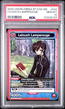 Union Arena TCG, PSA Graded 10 GEM Mint, Lelouch Lamperouge #092, Union Arena Ue04Bt/Cgh Code Geass, Fully Encapsulated Bundle with Compatible Code Geass Hard Sealed Case