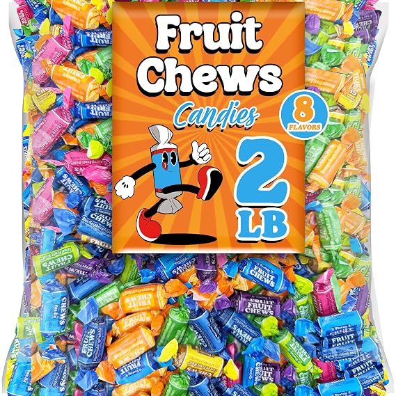 Fruit Chews Mix, Bulk 2 Lbs Individually Wrapped Candy, 8 Assorted Fruity Flavors Soft and Chewy Taffies, Peanut and Gluten Free, Colorful Candy for Parties, Appx 135 Pcs